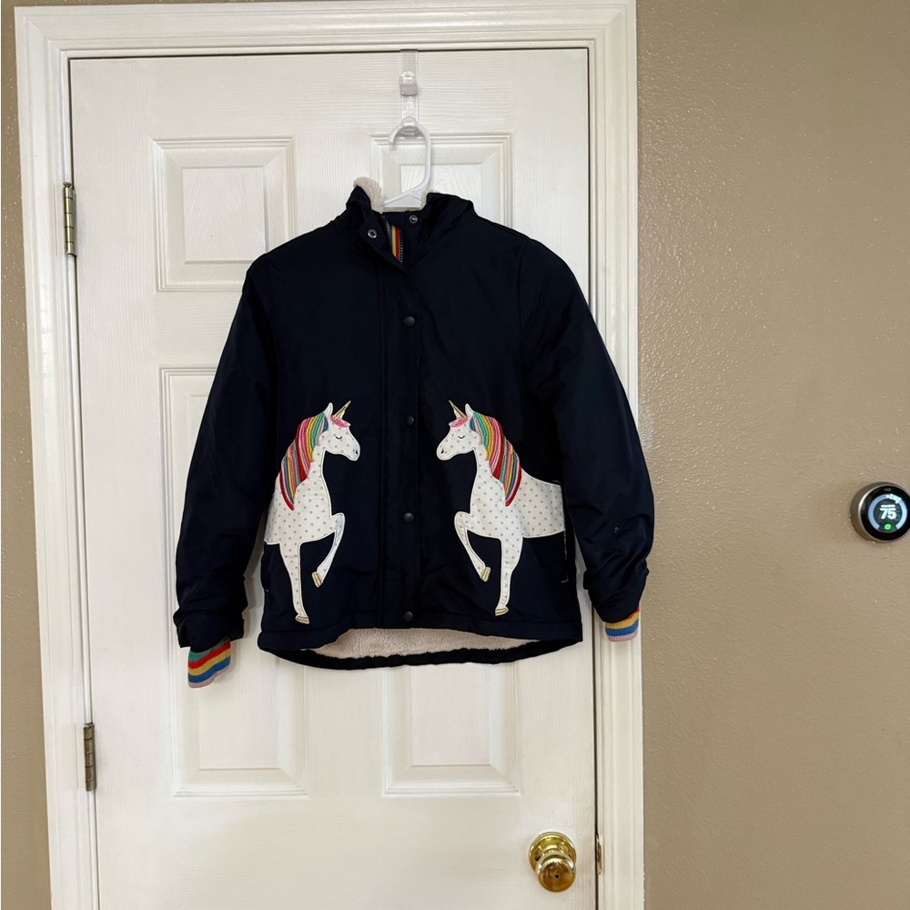 Mini Boden Navy Puffer Jacket with Rainbow-Striped Unicorns